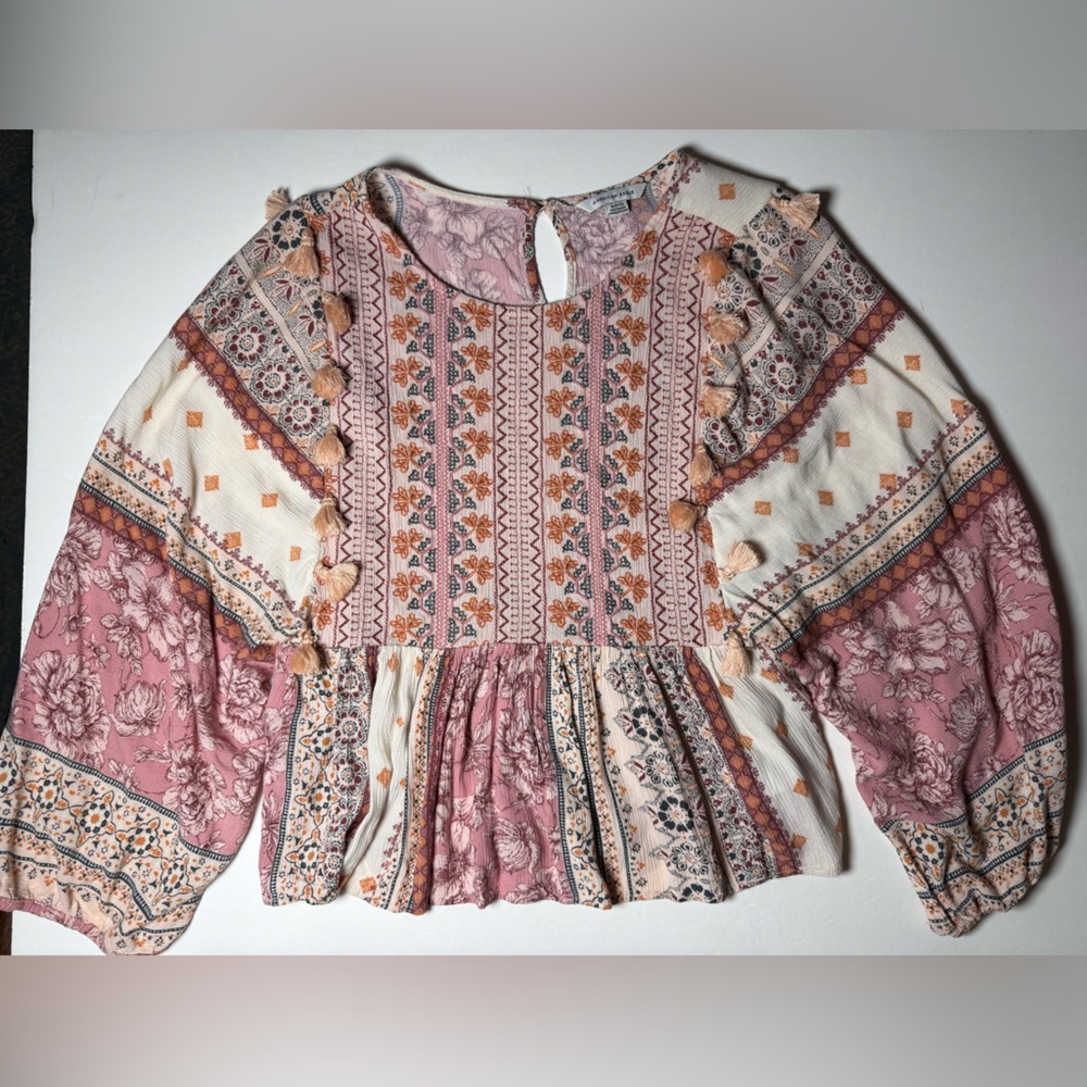 American Eagle Boho Peplum Blouse Tassel Trim Embroidery Floral Patchwork small